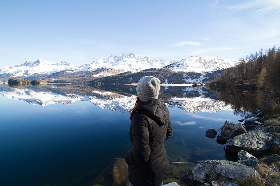Woman Wearing Black Hooded Jacket Watching Mountain, adventure HD wallpaper