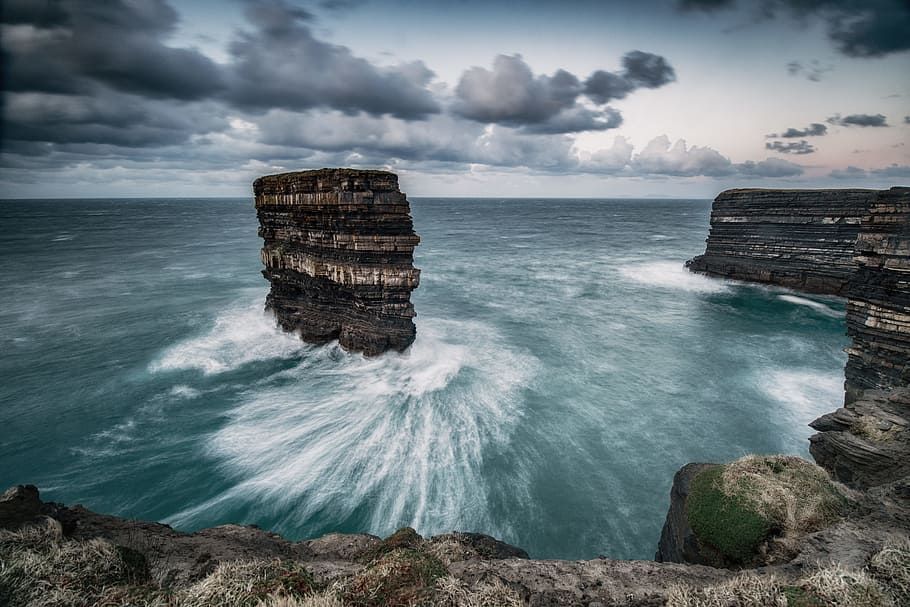 sea stack under the cloudy sky, long exposure, cliff, rock, ocean, HD wallpaper