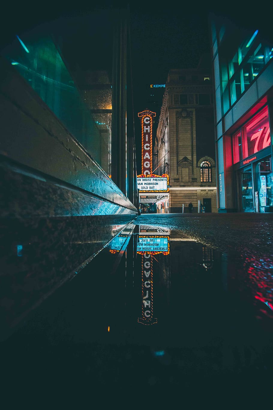 Chicago Led Signage, after the rain, architecture, asphalt, buildings