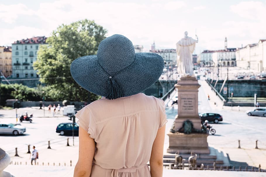 Girl in blue hat in Turin, antonelliana, architecture, attractive