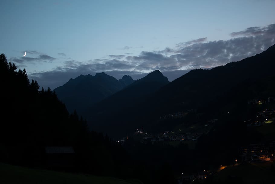 austria, labebene, trees, forest, mountains, night, village HD wallpaper
