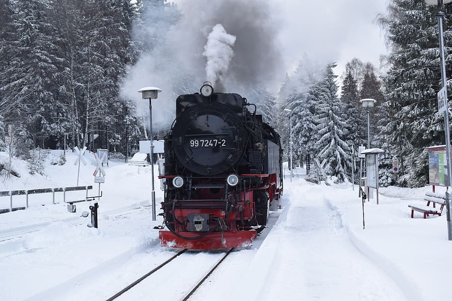 railway, locomotive, steam locomotive, smoke, snow, winter, HD wallpaper