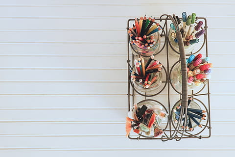 six assorted pens on rack, art, painting, art supplies, white HD wallpaper