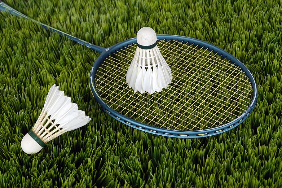 Blue Badminton Racket With Shuttlecock, grass, shuttlecocks, sport, HD wallpaper