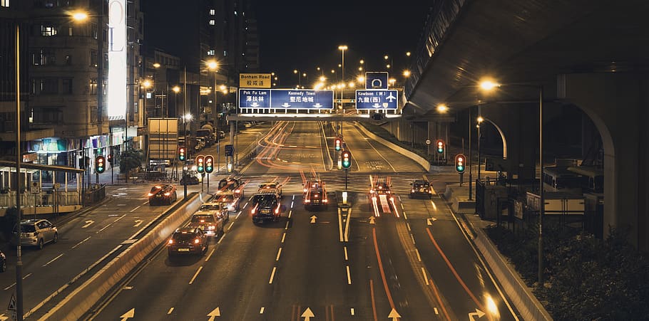 hongkong, street, cars, road, city, transportation, illuminated, HD wallpaper