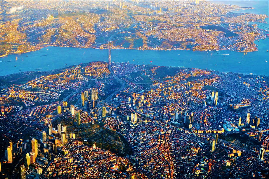 istanbul, city, marine, landscape, buildings, bridge, clouds, HD wallpaper