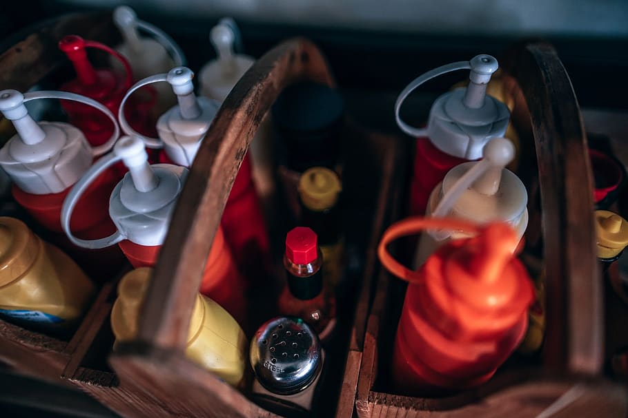 assortment, bottles, box, close-up, collection, colorful, condiment HD wallpaper