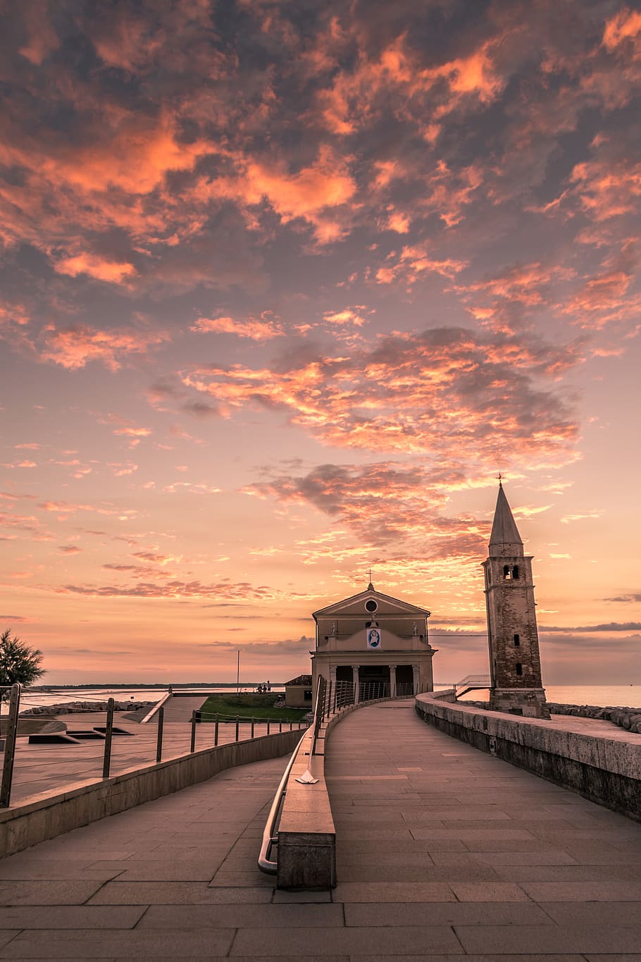 italy, caorle, tower, bench, trees, holiday, vacation, travel HD wallpaper