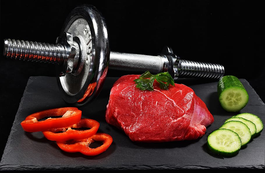 meat, dumbbell, cucumber, pepper, food, muscles, exercise, dumbbells