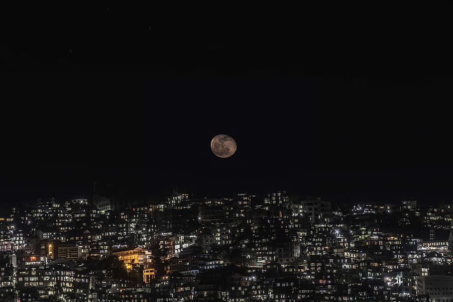 moon above buildings, nature, outdoors, night, astronomy, outer space HD wallpaper