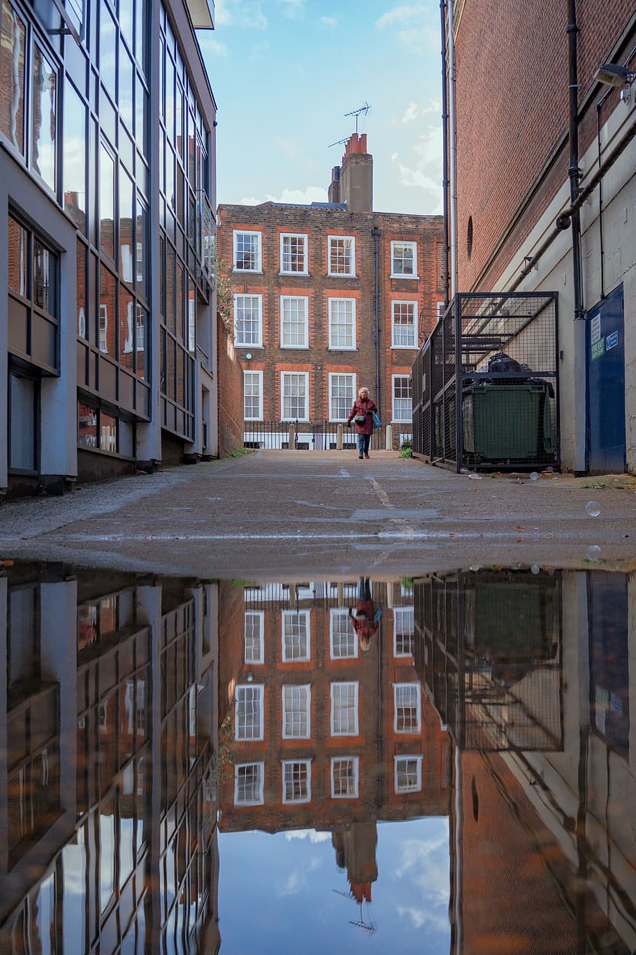 relfection, water, puddle, rain, walking, street, winter, building HD wallpaper
