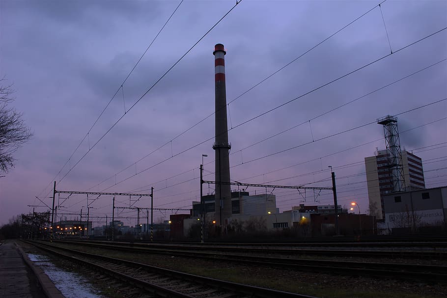 industry, railroad track, sky, rail transportation, electricity HD wallpaper