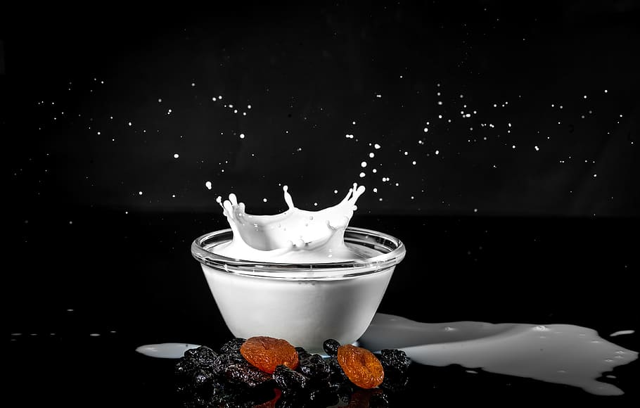 milk, splash, glass, fruit, drink, food, black, background, HD wallpaper