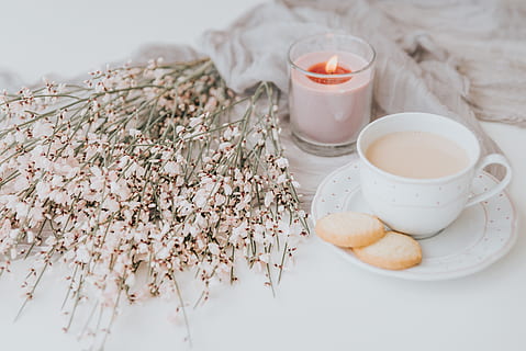 white ceramic cup on table, candle, plant, pottery, saucer, confectionery HD wallpaper