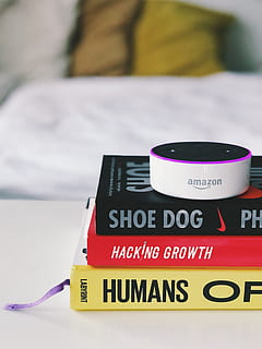 white Amazon Echo Dot speaker on book, electronics, tape, cd player HD wallpaper