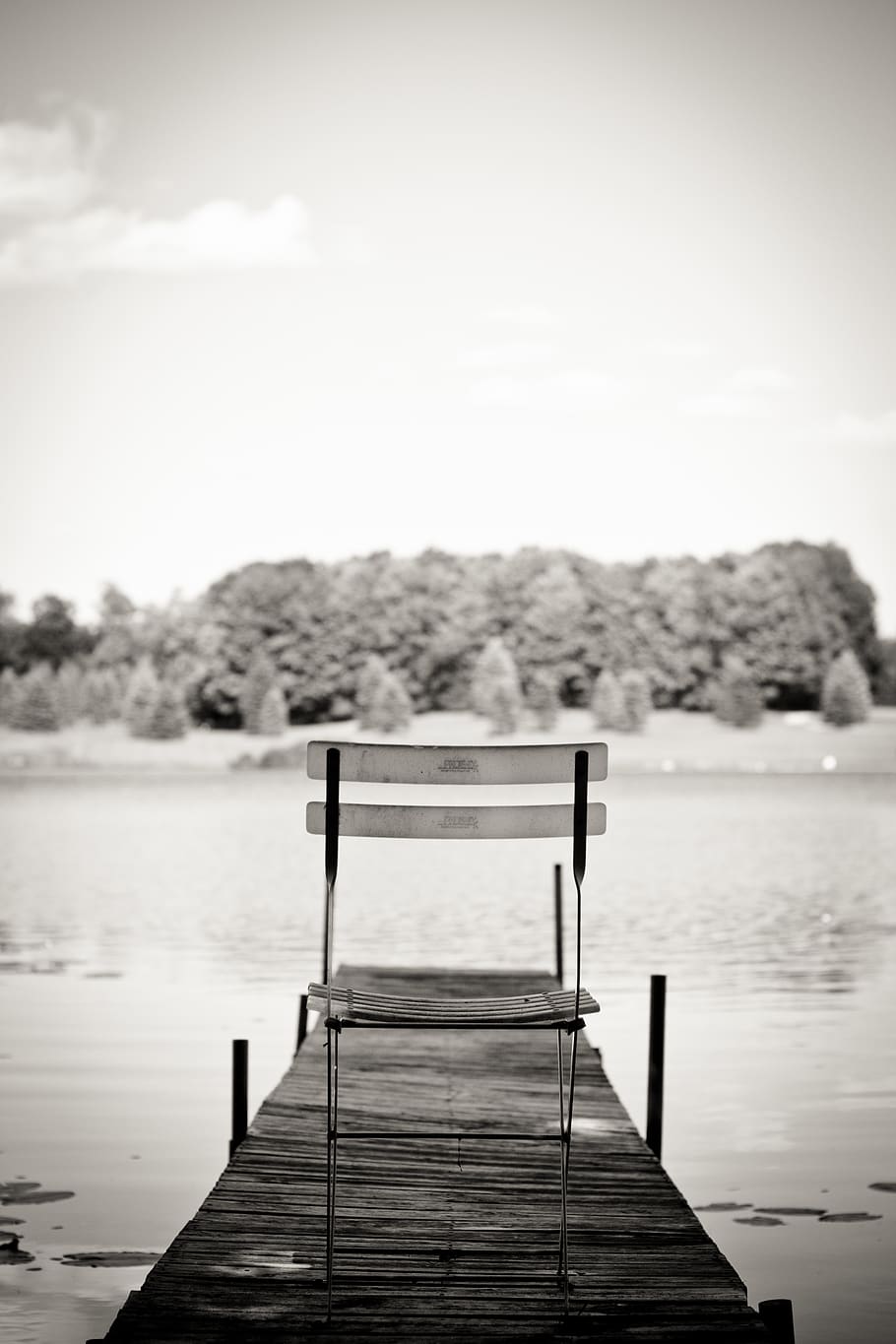 empty, open, chair, dock, lake, pond, water, trees, summer HD wallpaper
