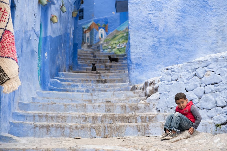 morocco, chefchaouen, blue, city, maroc, marruecos, kid, colors, HD wallpaper