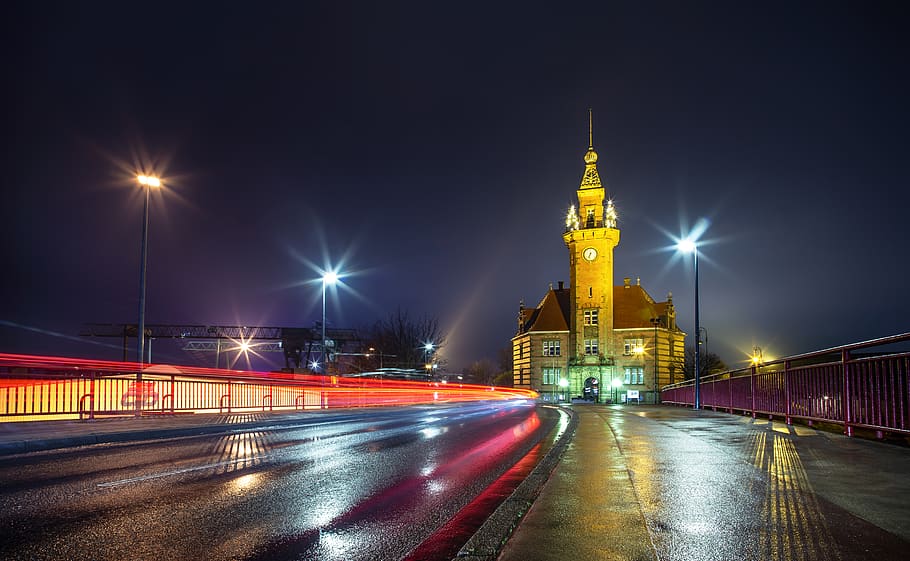 lighted church, building, tower, architecture, city, steeple HD wallpaper