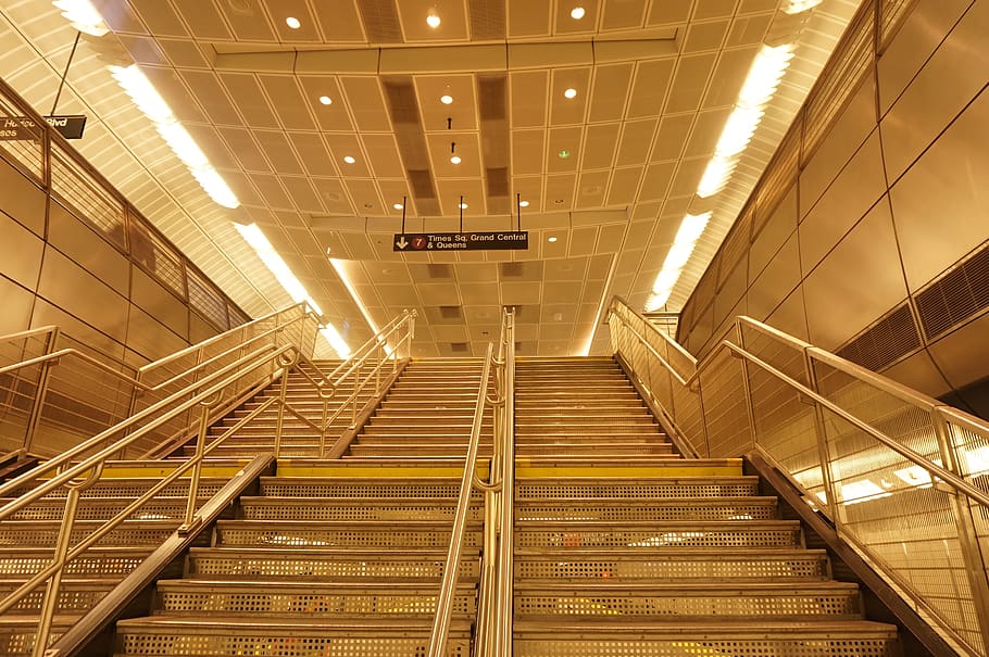 empty stairs inside station, handrail, banister, staircase, lighting HD wallpaper