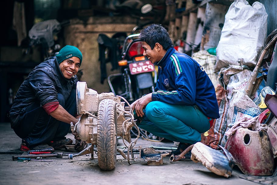 Motorcycle Repair, men, two people, adult, women, young men, males HD wallpaper