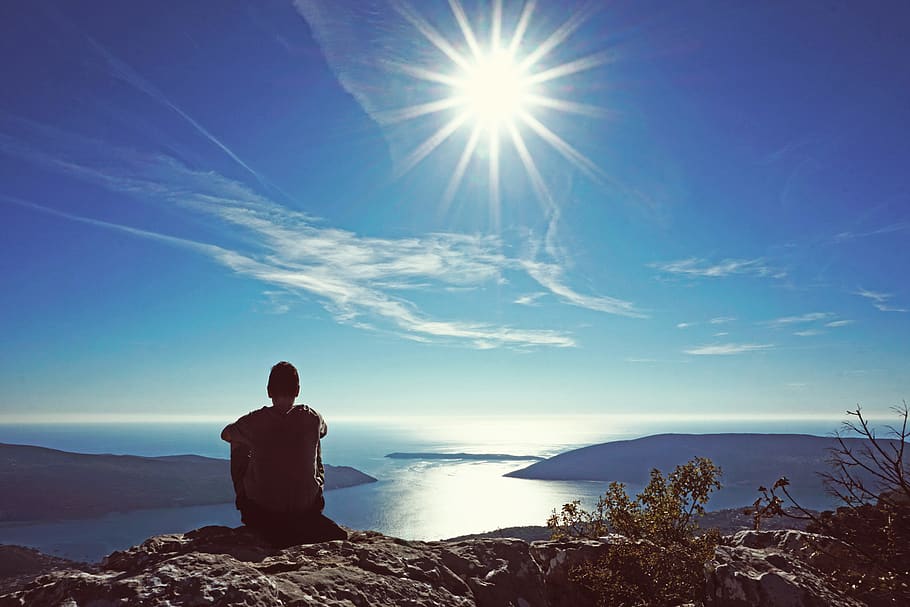 man, seascape, sun, rock, montenegro, boka, bay, entrance, sky HD wallpaper