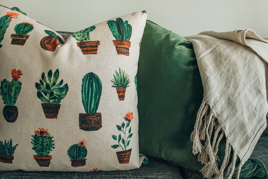 White, Green, and Brown Throw Pillow, blanket, cacti, cactus HD wallpaper