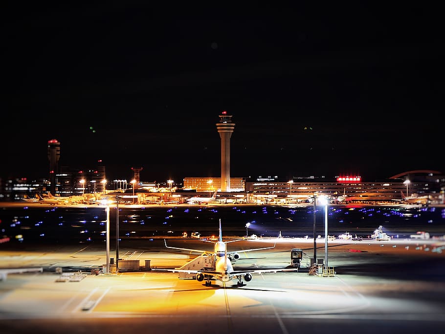 japan, airplane, night, airport, haneda airport international terminal