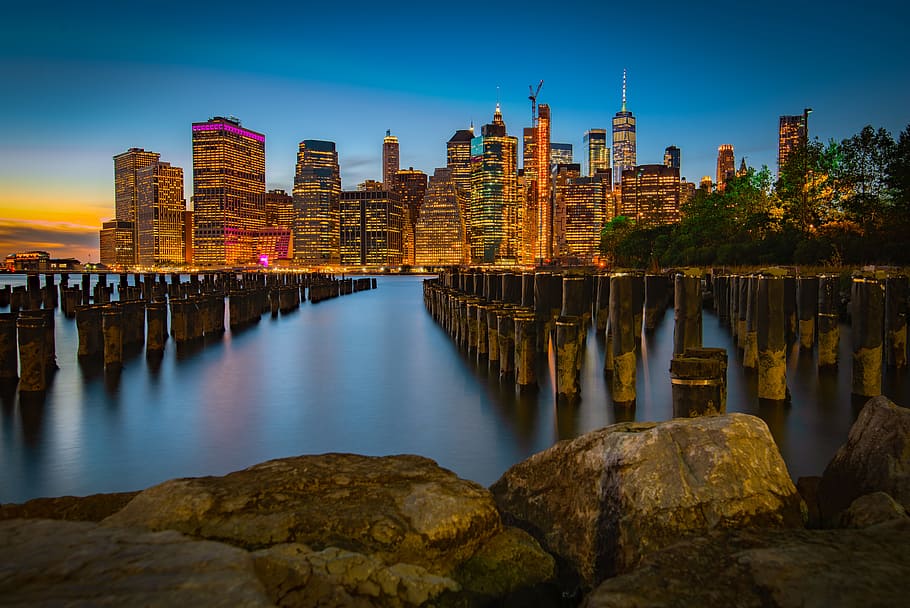 lighted high-rise buildings, architecture, building exterior HD wallpaper