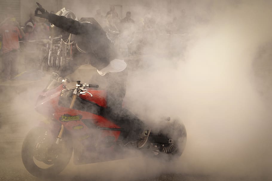 Man Riding on Red and Black Sports Bike, dangerous, dust, helmet HD wallpaper