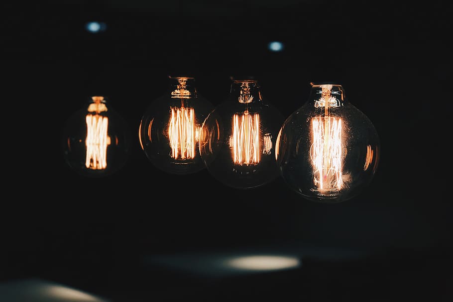 four lighted Edison light bulbs at the dark, lightbulb, lamp