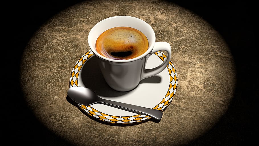 Brown Coffee on White and Brown Ceramic Cup and Saucer With Stainless Steel Spoon HD wallpaper
