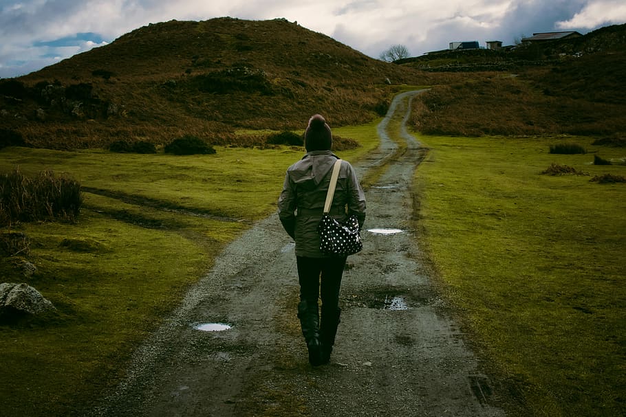 Person Standing in Pathway, clouds, daylight, grass, landscape HD wallpaper