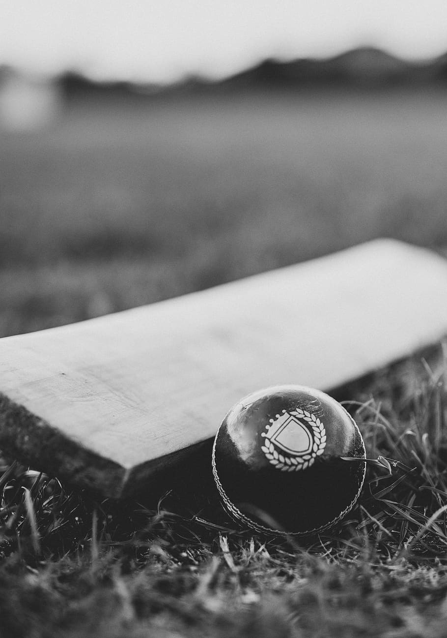 Grayscale Photo of Cricket Ball and Bat on the Ground, black and white