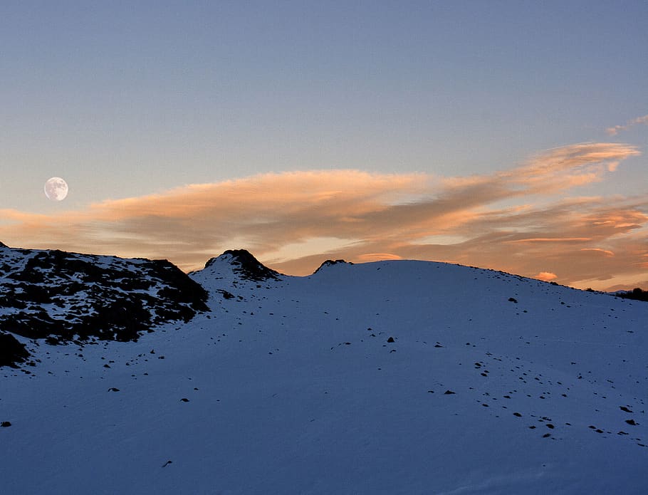 snow mountain, nature, outdoors, mountain range, full moon at sunset HD wallpaper
