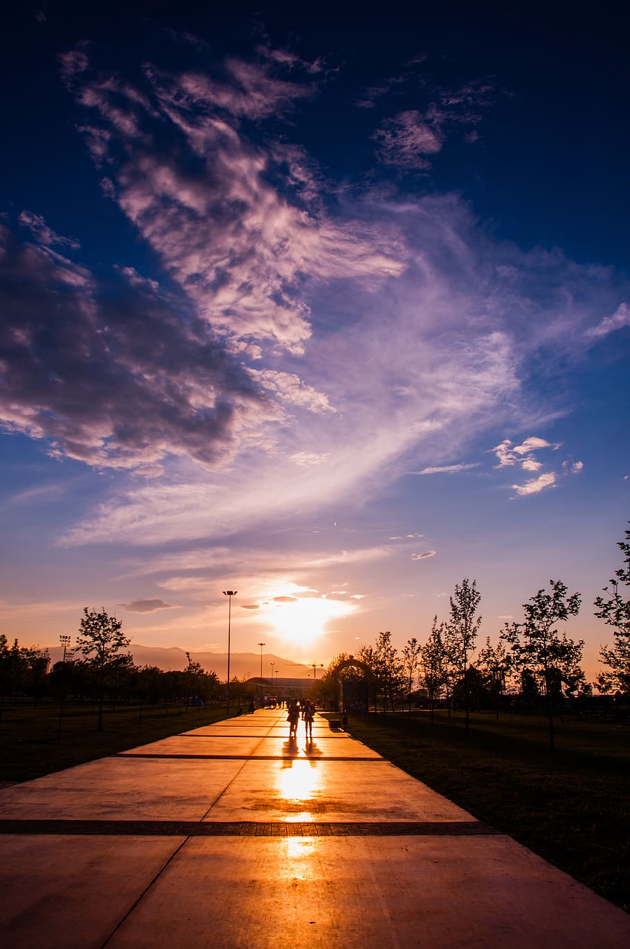 Two Person Walking on Concrete Pavement, clouds, cloudscape, dawn HD wallpaper