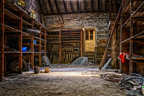 lost places, workshop, scale, barn, building, nostalgia, shelves HD wallpaper