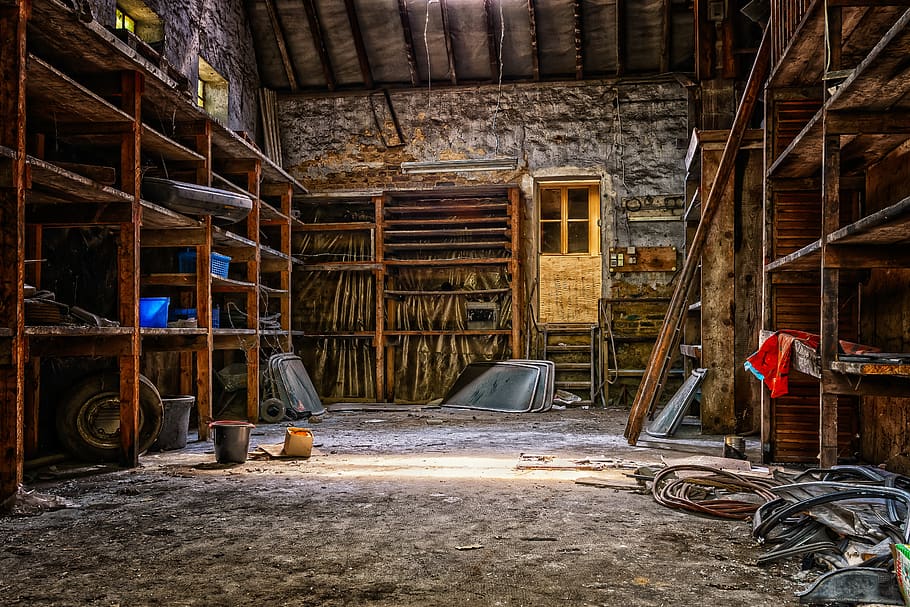 lost places, workshop, scale, barn, building, nostalgia, shelves HD wallpaper