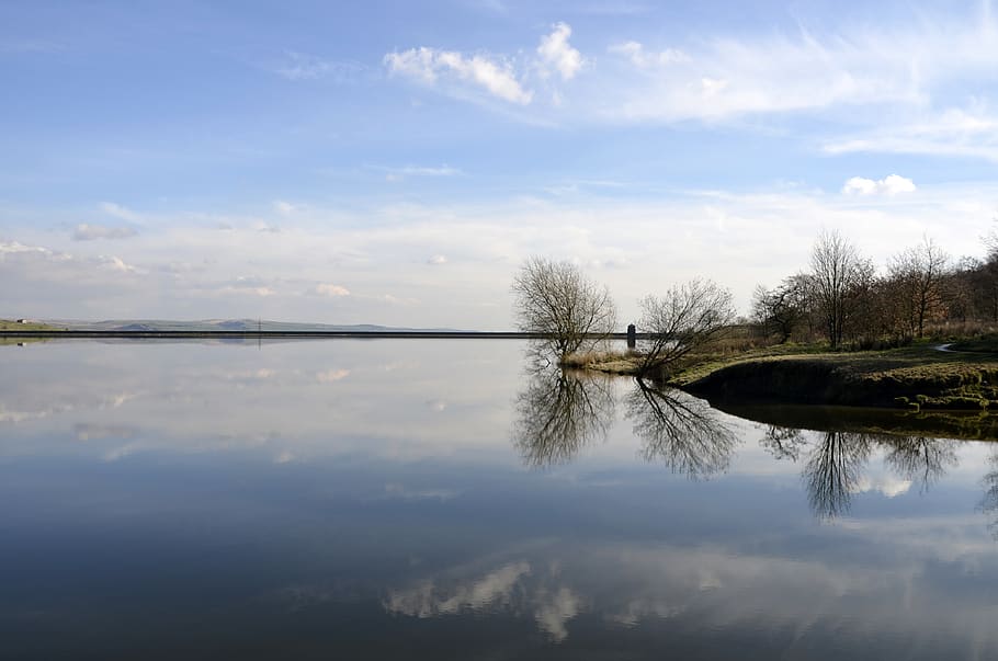 calm, stillness, reflection, blue, sky, water, cloud - sky HD wallpaper