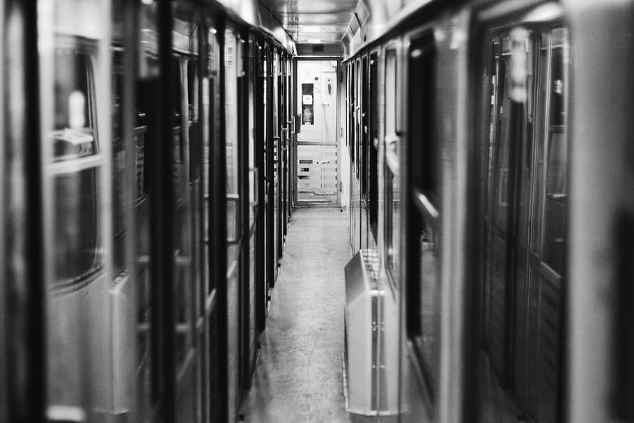 Grayscale Photo of Transit Train, blur, carriage, corridor, railway HD wallpaper