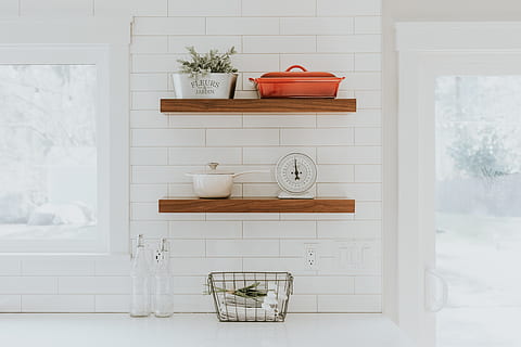 shelf, interior design, indoors, kitchen, minimal, corner, home decor HD wallpaper