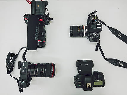 four DSLR cameras, electronics, camera lens, digital camera, strap HD wallpaper