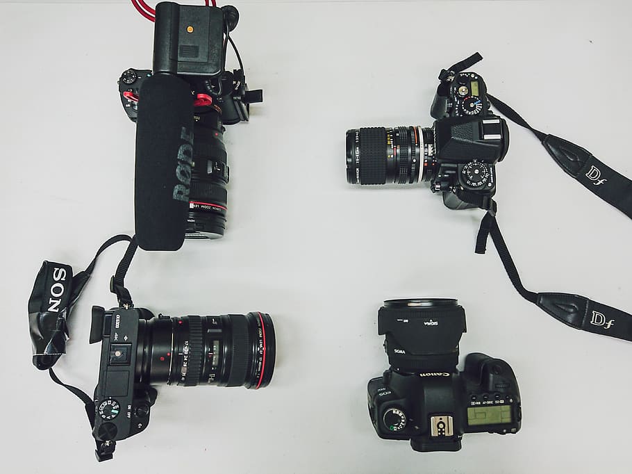 four DSLR cameras, electronics, camera lens, digital camera, strap HD wallpaper