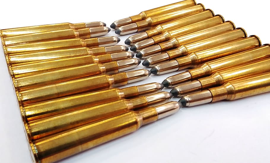ammunition, rifle, weapons, gold colored, white background HD wallpaper