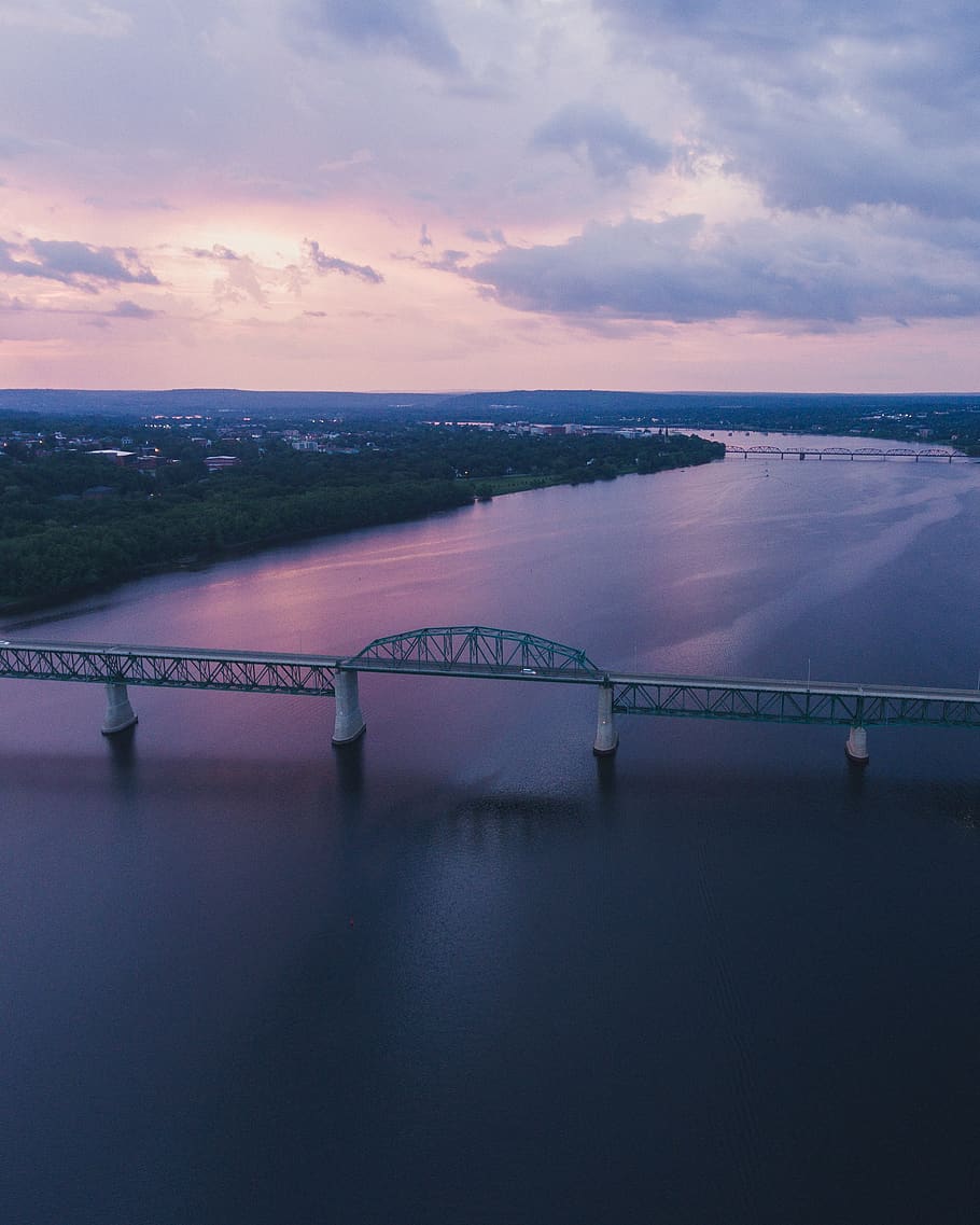 gray bridge during sunset, canada, fredericton, water, city, river HD wallpaper