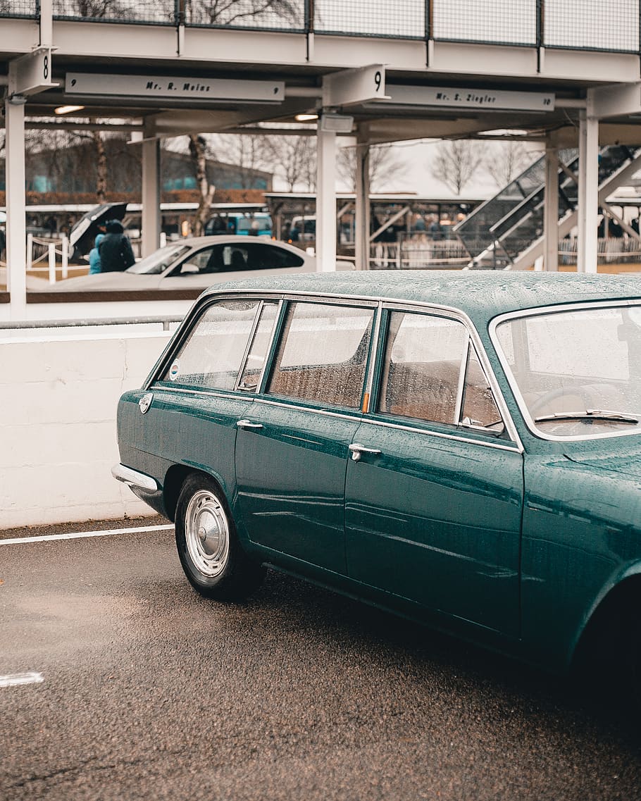 blue station wagon, person, human, automobile, car, vehicle, transportation HD wallpaper