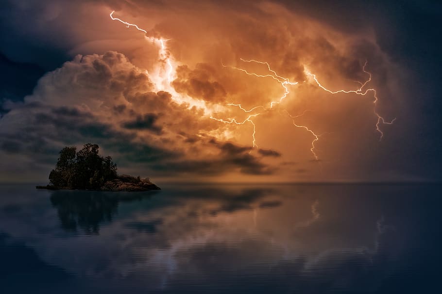 Blue Body of Water With Orange Thunder, dawn, dramatic, evening HD wallpaper