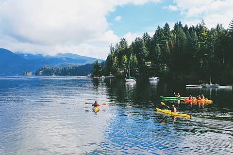 deep cove, canada, vancouver, trees, kayak, boats, lake, water HD wallpaper