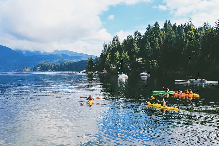 deep cove, canada, vancouver, trees, kayak, boats, lake, water HD wallpaper