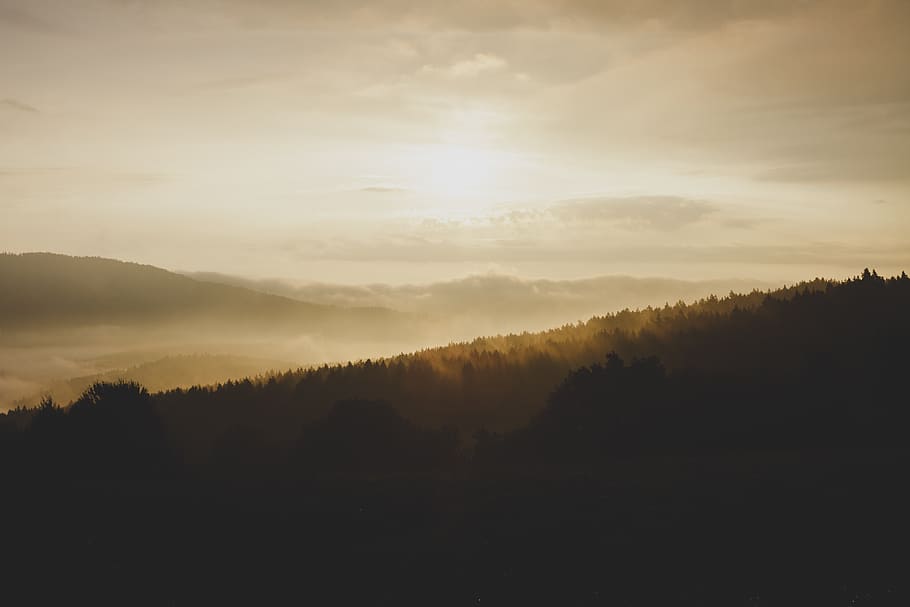 sunset, dusk, landscape, nature, mountains, hills, trees, forest HD wallpaper