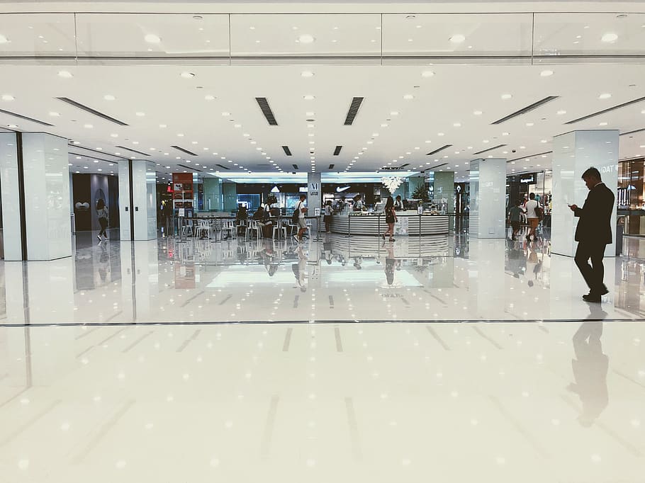 man walking in mall, architecture, indoors, group of people, men HD wallpaper